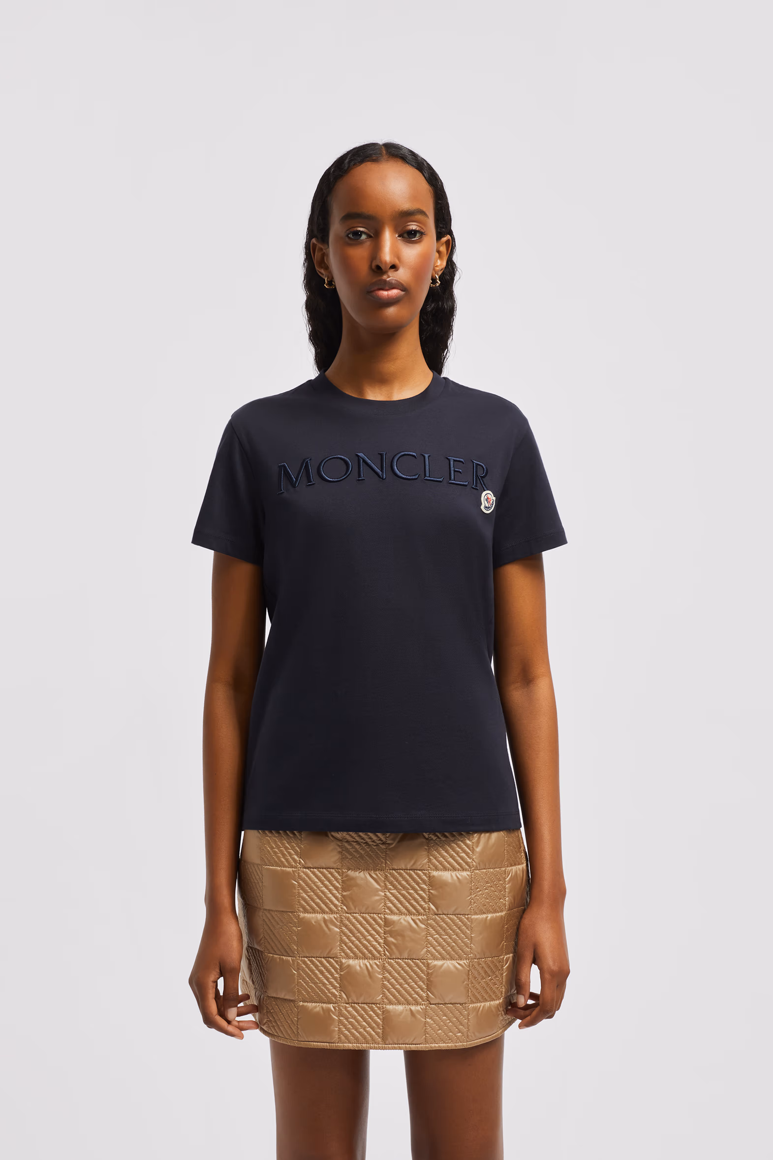Embroidered Logo Cotton T-Shirt Women Night Blue Moncler 3